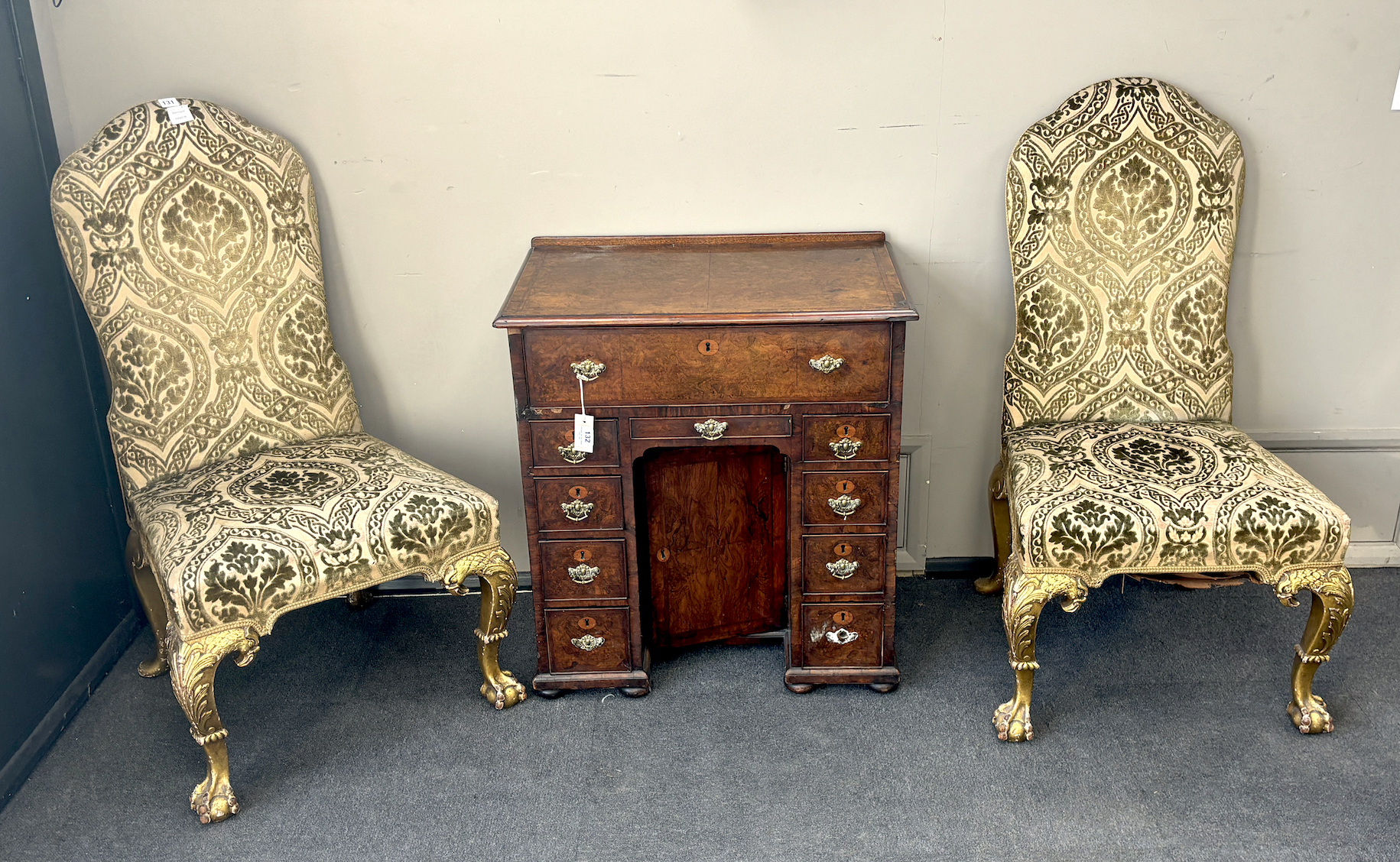 A pair of George II style giltwood side chairs, velvet brocade fabric, width 64cm, depth 64cm, height 114cm